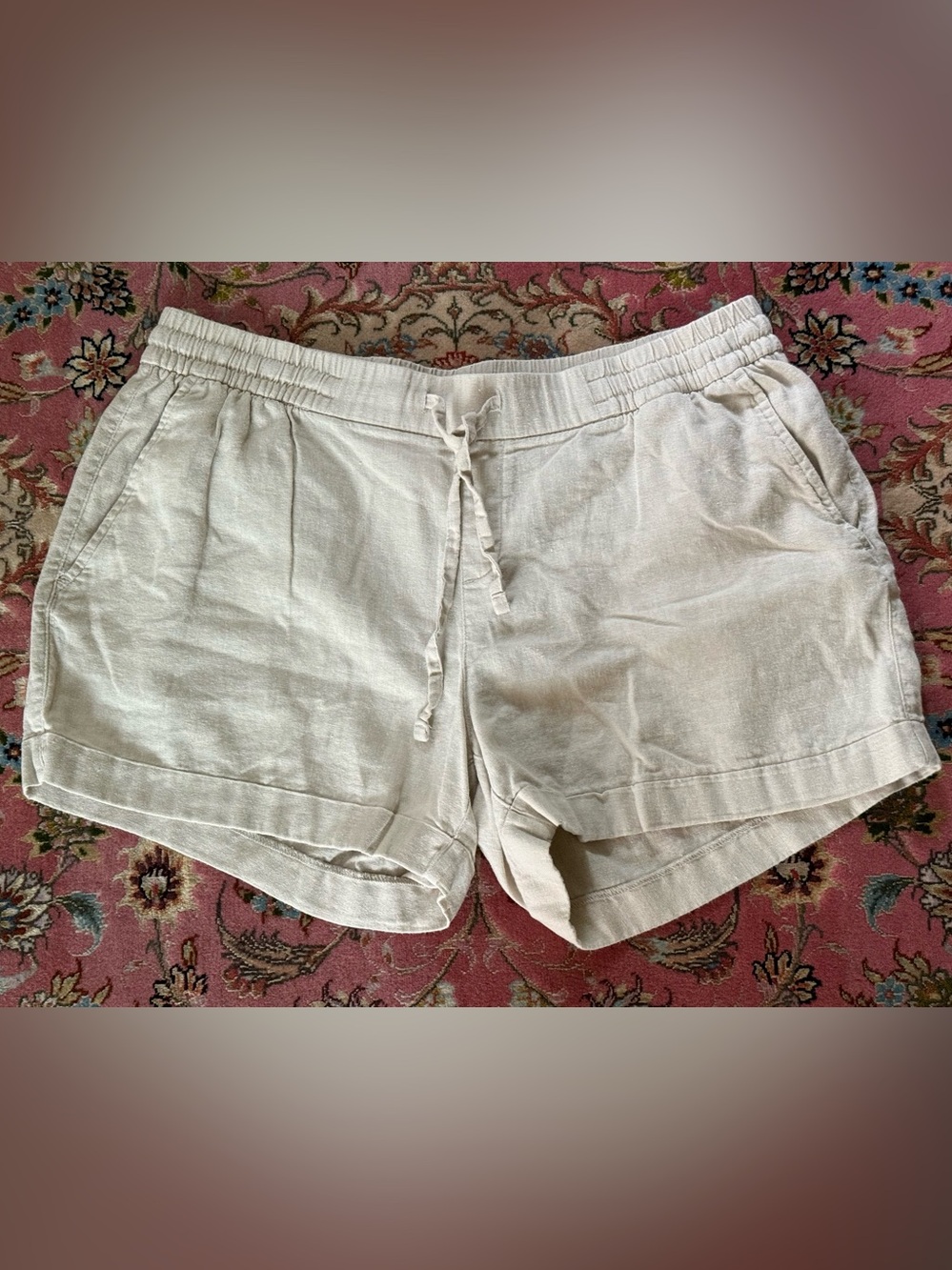 Light Beige Elastic-Waist Linen Blend Women's Shorts, L, Old Navy